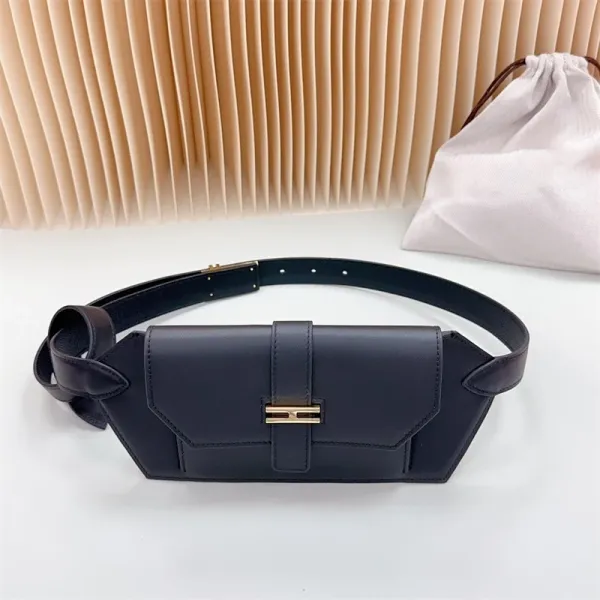 Design Belt Bag Navy Blue Leather with Gold-tone H-Clasp - 1