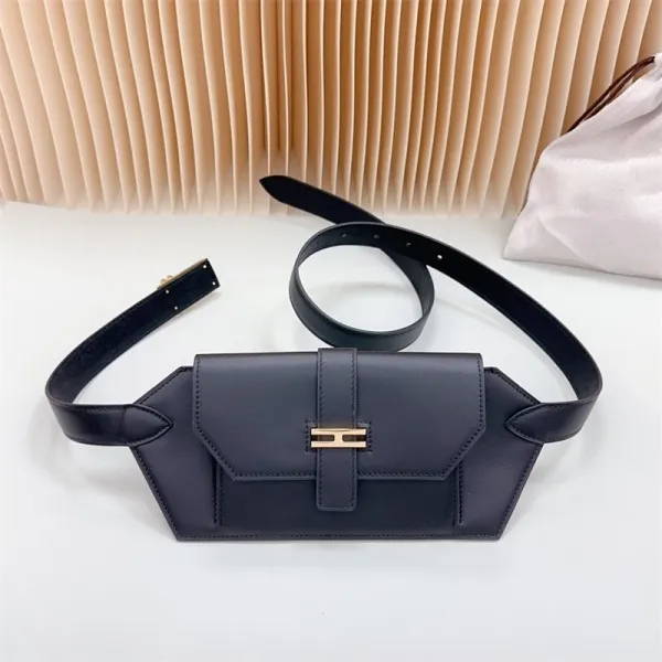 Design Belt Bag Navy Blue Leather with Gold-tone H-Clasp - 8