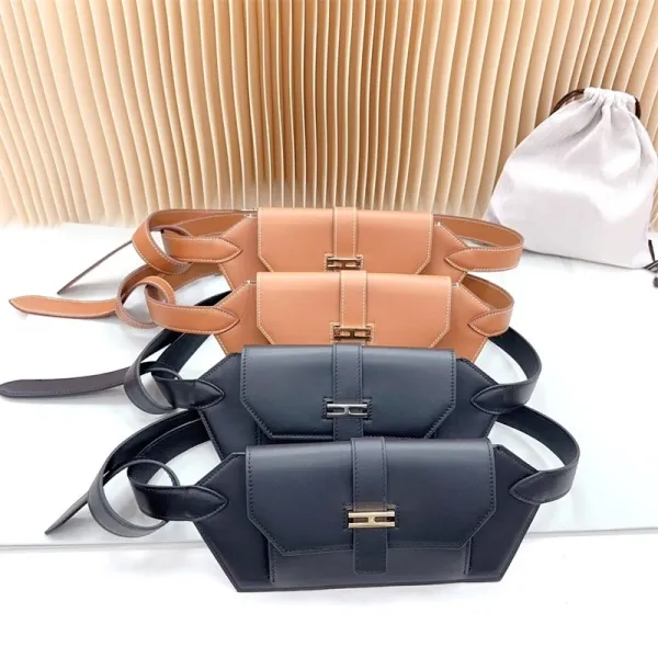 Design Belt Bag Navy Blue Leather with Gold-tone H-Clasp - 5