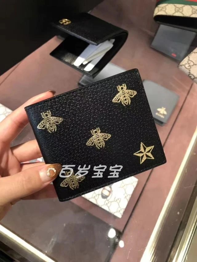 Gucci Bee and GG Motif Leather Bifold Wallet Black Short Wallet - 3