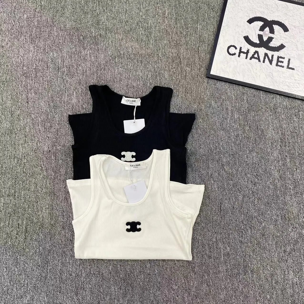 Celine Logo-Embellished Ribbed Tank Top White Vest Top - 3