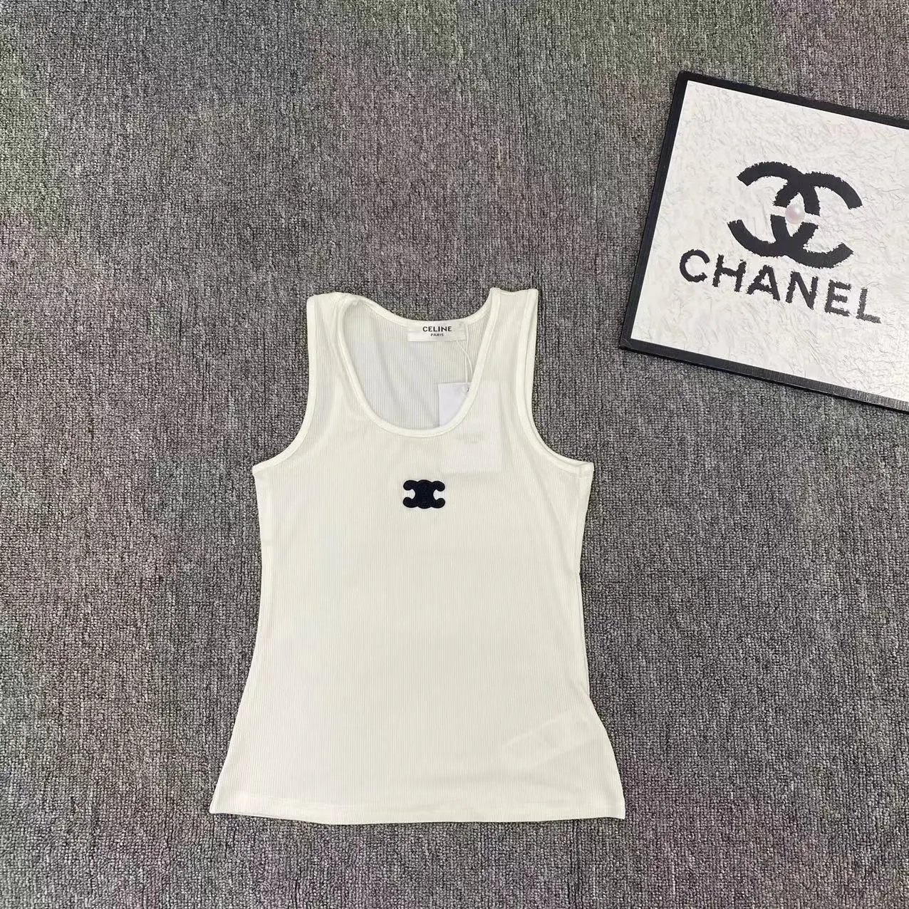 Celine Logo-Embellished Ribbed Tank Top White Vest Top - 1