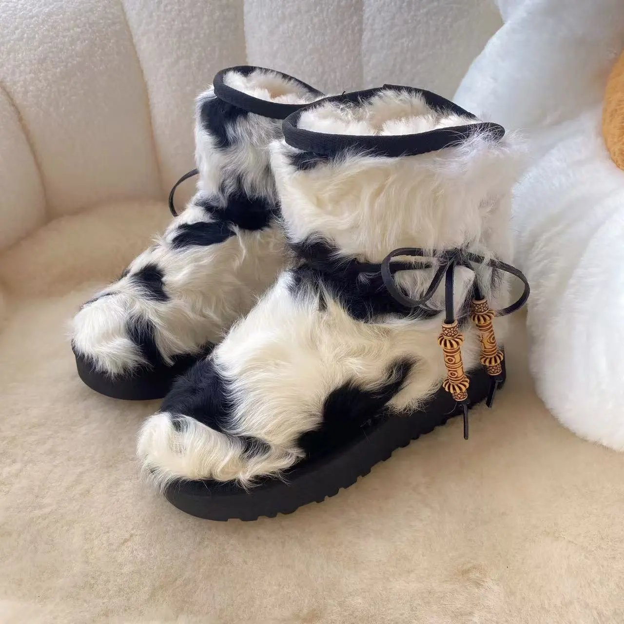 Unbranded Boots Fur-Trim Lace-Up Ankle — black and white curly