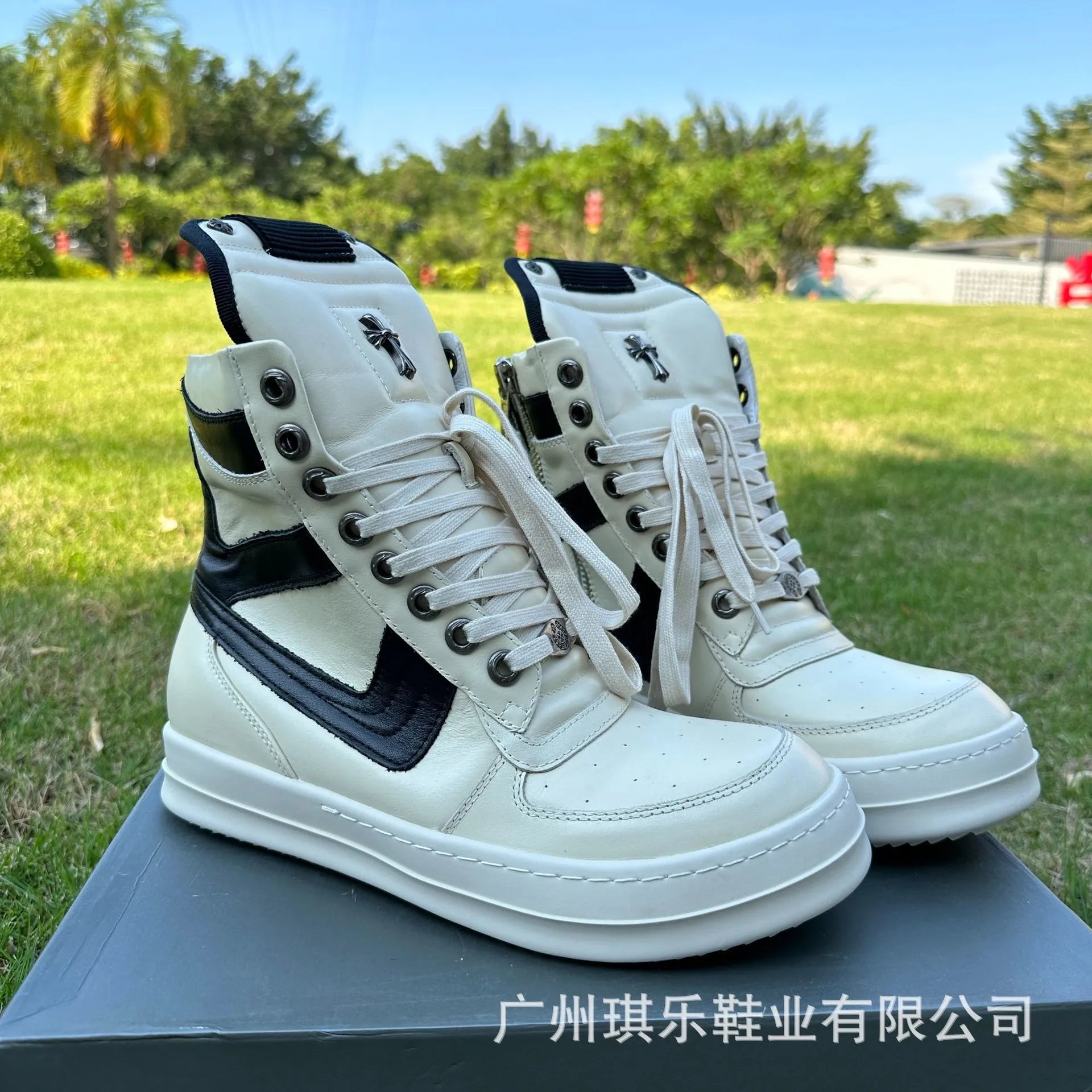 Rick Owens Boots High-Top Lace-Up Side-Zip with Cross Hardware — Beige large hook-shaped cross
