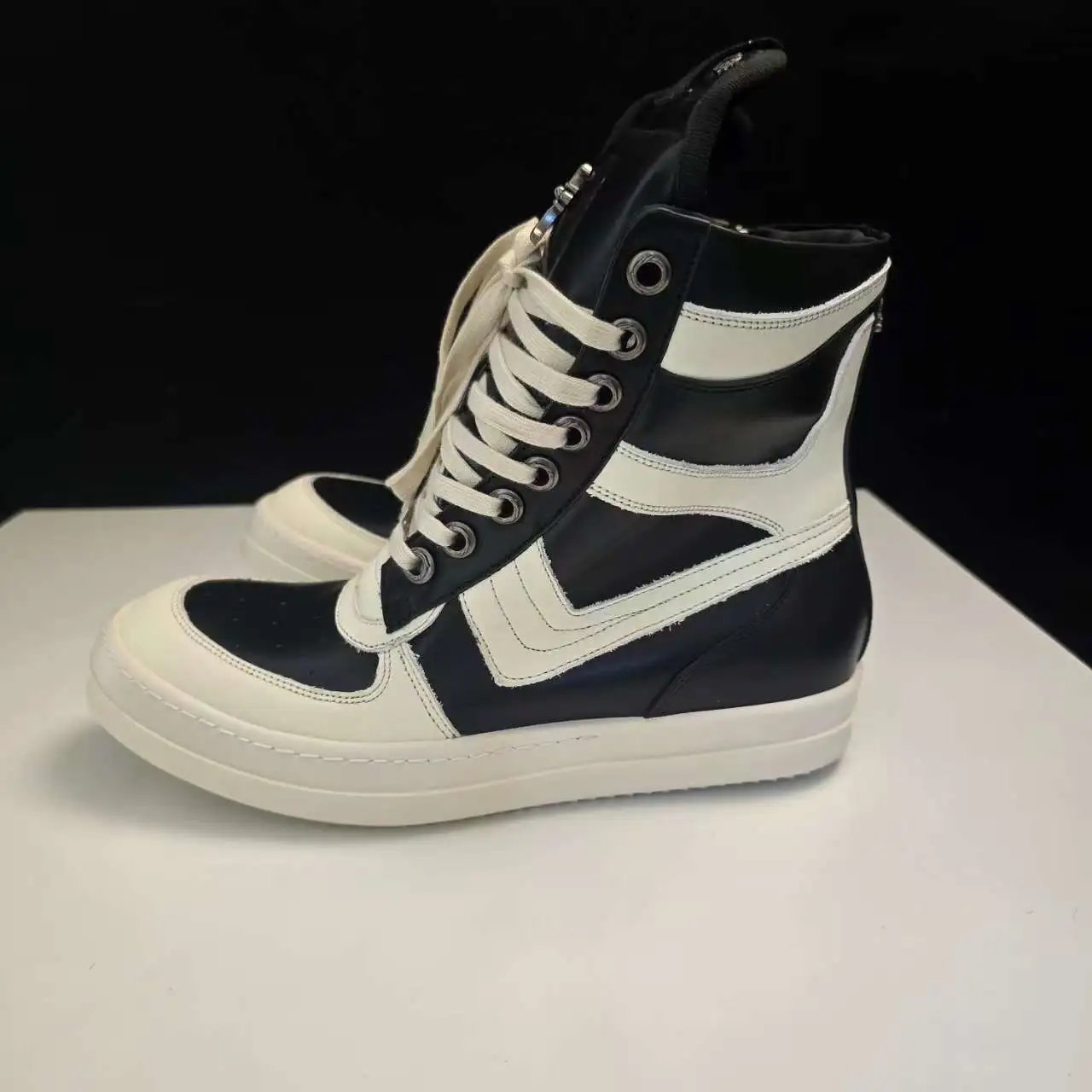 Rick Owens Boots High-Top Lace-Up Side-Zip with Cross Hardware — Black/white large hook-shaped cross