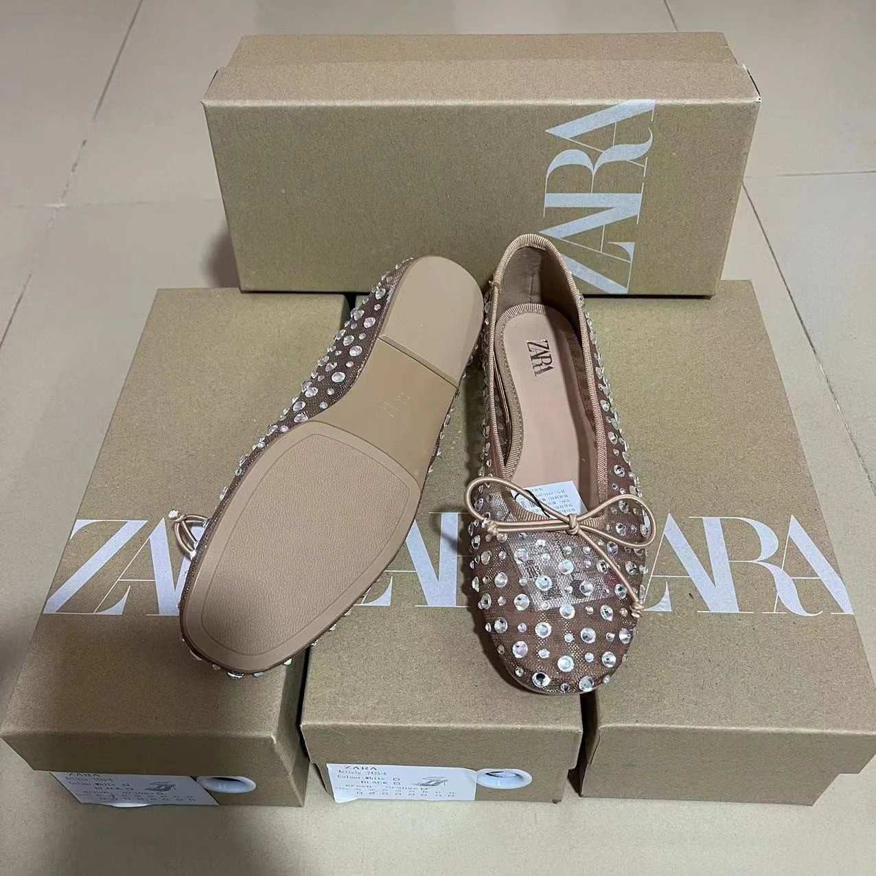 Zara Casual Shoes Rhinestone Mesh Ballet Flats with Bow image 4