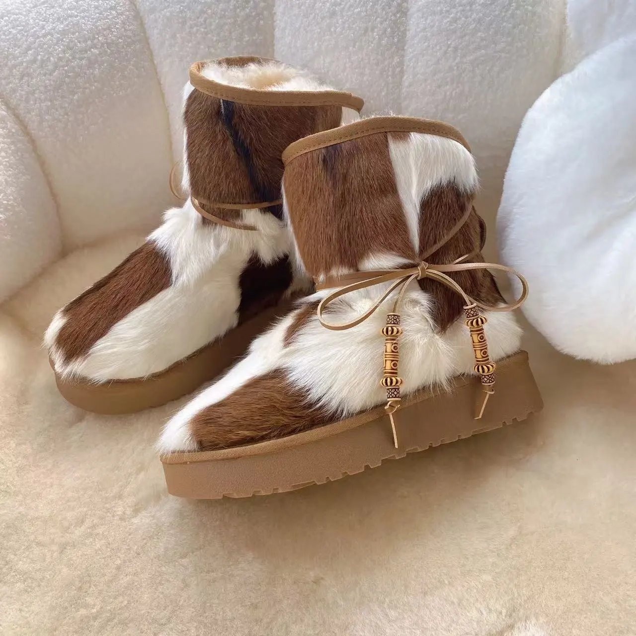 Unbranded Boots Fur-Trim Lace-Up Ankle — brown white straight hair