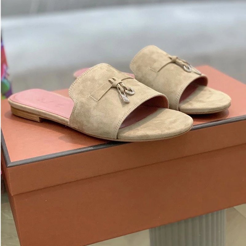 Unbranded Sandals Open-Toe Slide with Bow and Padlock Charm — khakis flat bottom