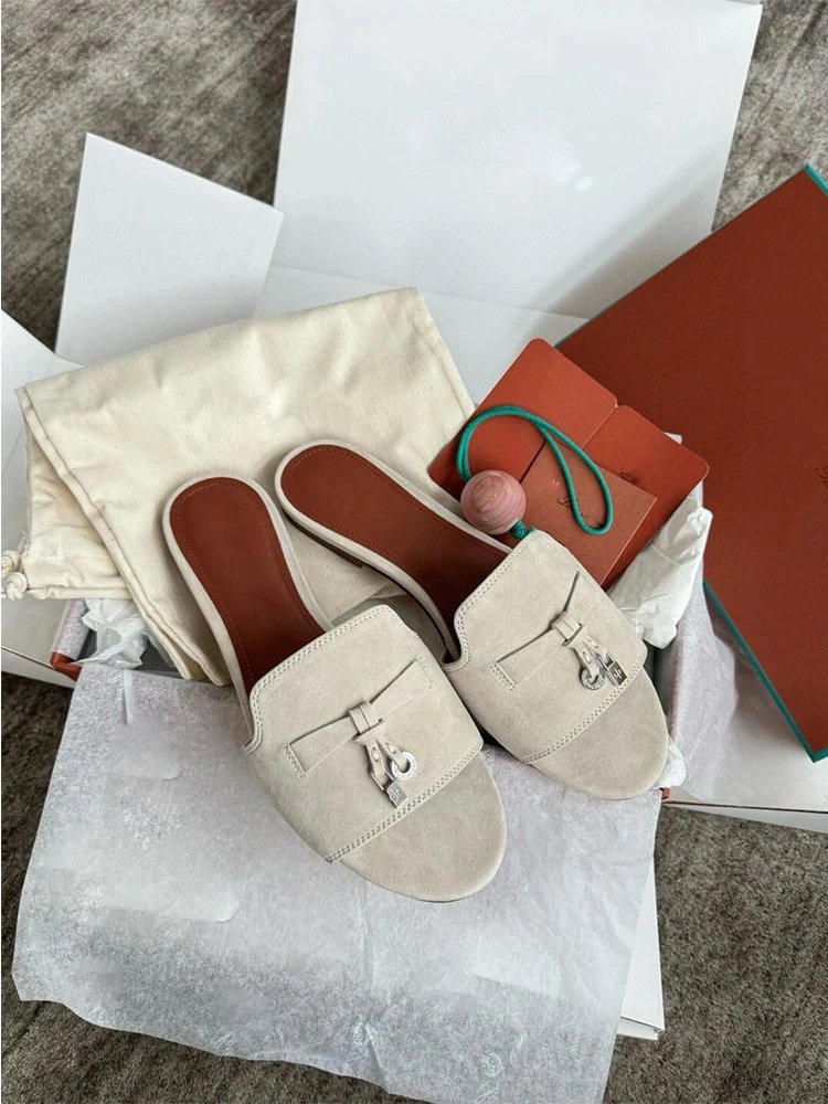 Unbranded Sandals Open-Toe Slide with Bow and Padlock Charm — Apricot white flat sole