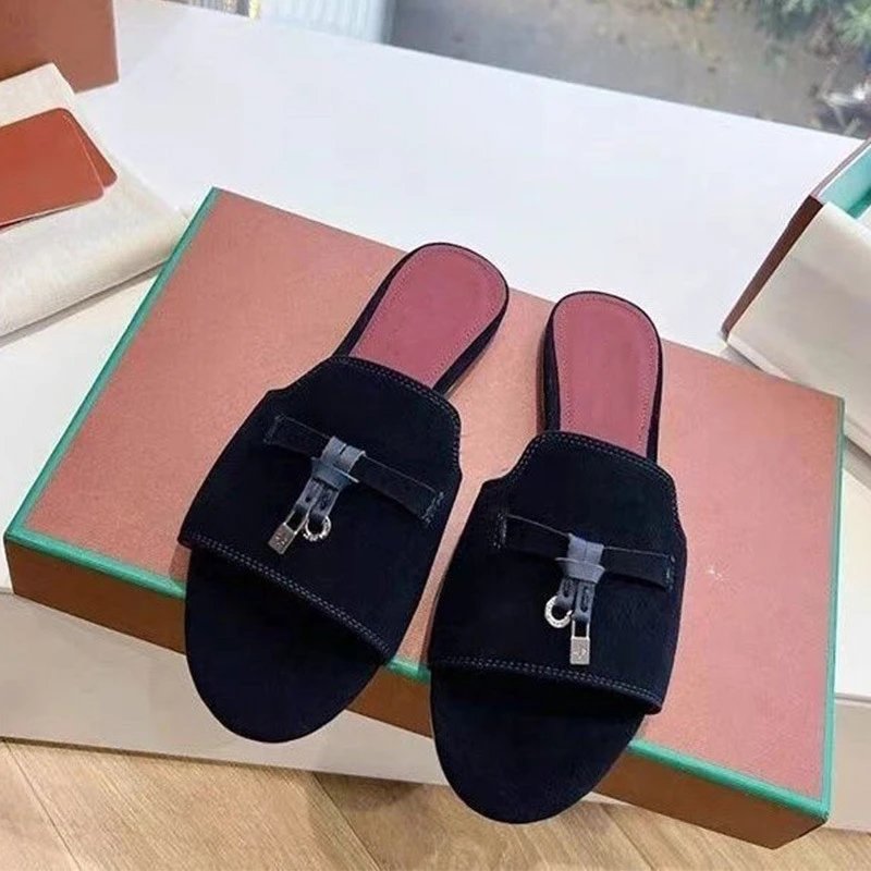 Unbranded Sandals Open-Toe Slide with Bow and Padlock Charm — Black flats