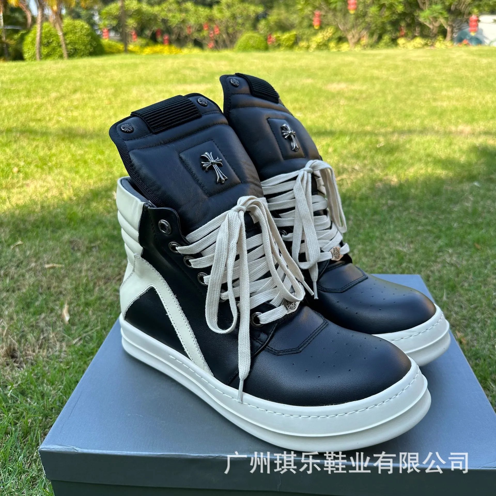Rick Owens Boots High-Top Lace-Up Side-Zip with Cross Hardware — Black and white inverted triangle cross