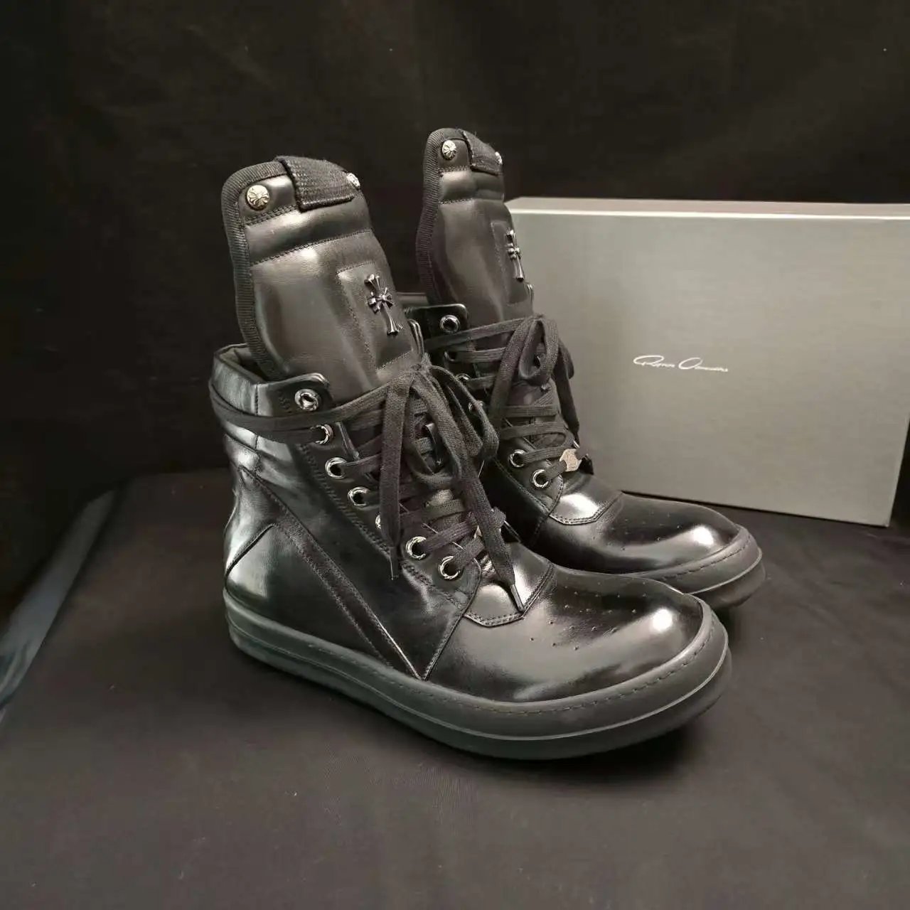 Rick Owens Boots High-Top Lace-Up Side-Zip with Cross Hardware — All-black inverted triangle cross