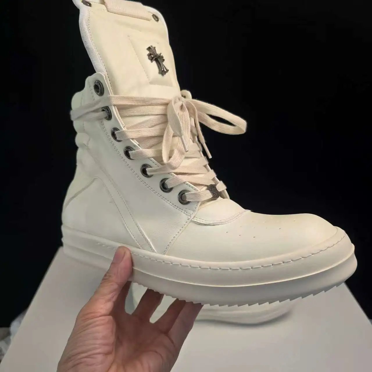 Rick Owens Boots High-Top Lace-Up Side-Zip with Cross Hardware — Ivory-white inverted-triangle cross