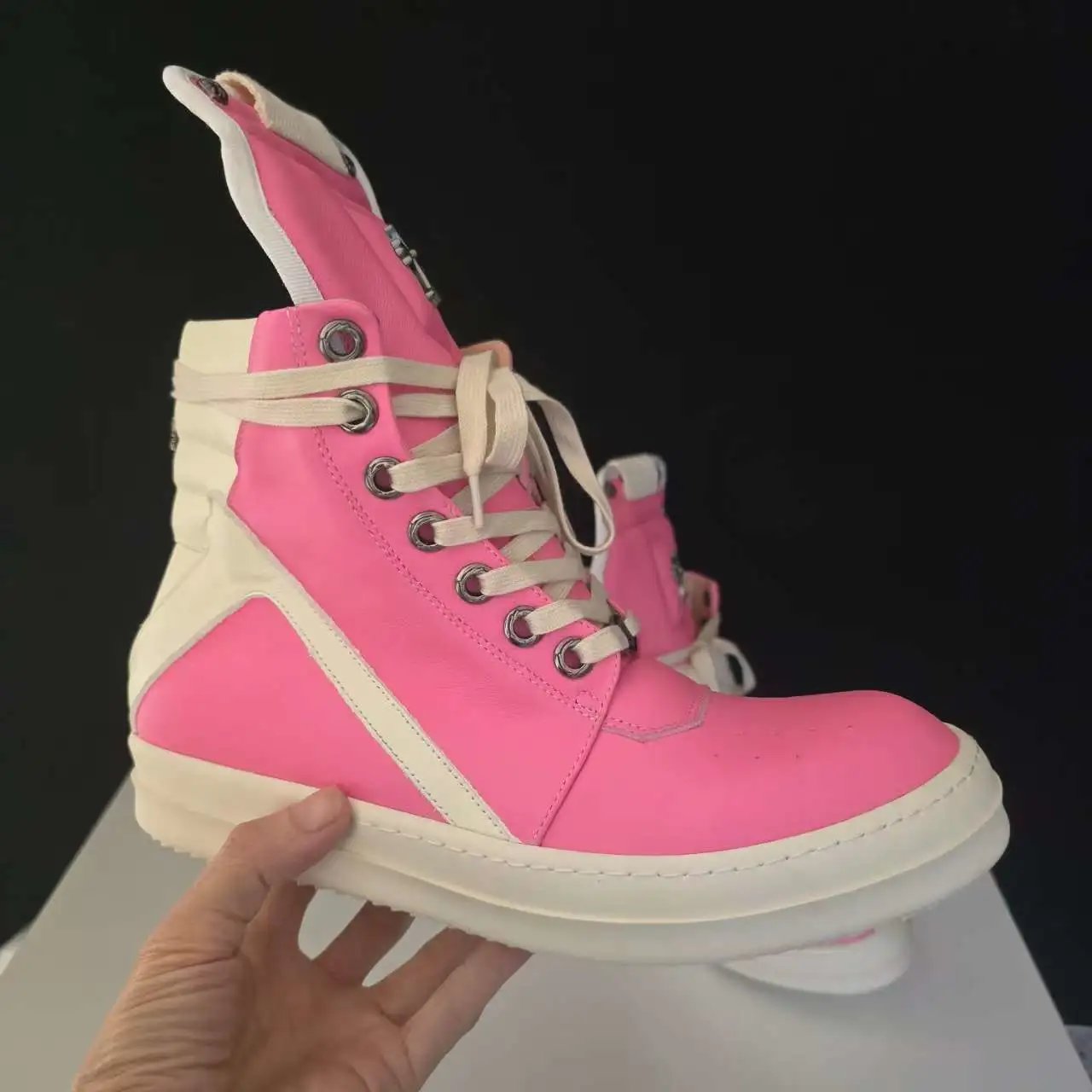 Rick Owens Boots High-Top Lace-Up Side-Zip with Cross Hardware — . Pink inverted triangle cross