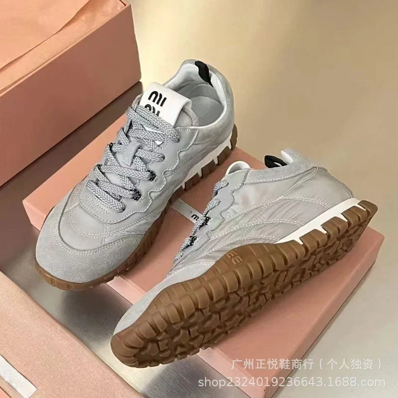 Miu Sneakers Nylon and suede lug-sole — gray