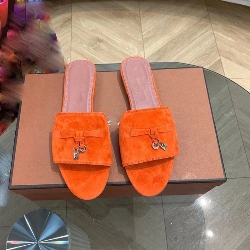 Unbranded Sandals Open-Toe Slide with Bow and Padlock Charm — orange flat bottom