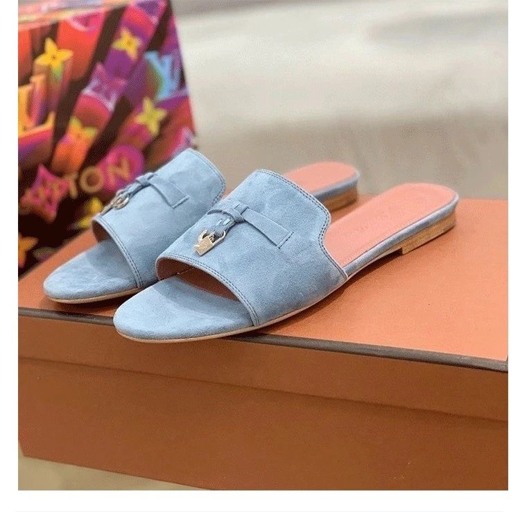 Unbranded Sandals Open-Toe Slide with Bow and Padlock Charm — Peacock Blue Flat Bottom