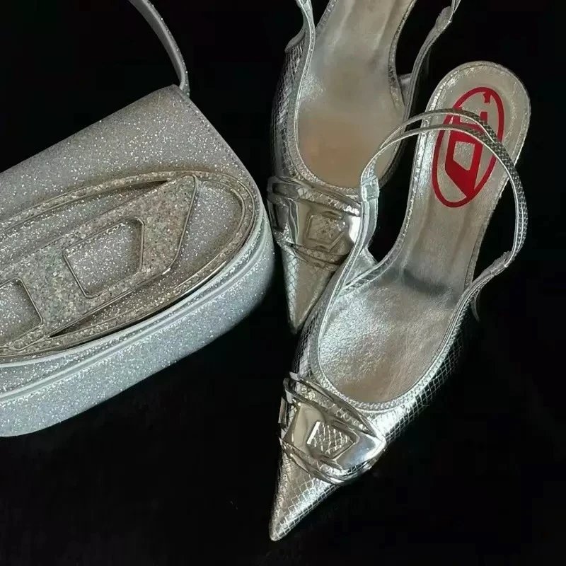 Diesel High Heels D-Venus pointed-toe slingback with oval logo buckle image 3
