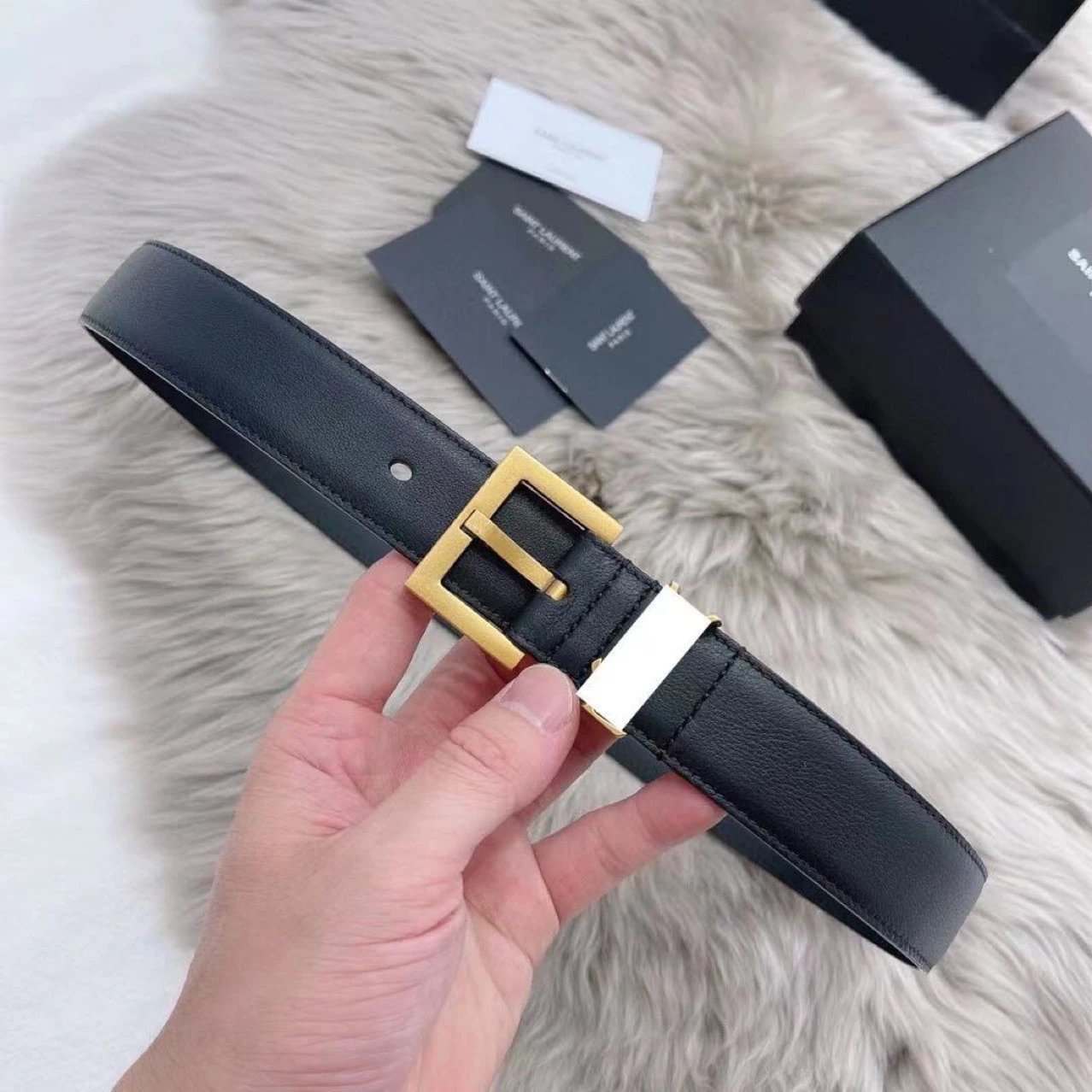 Saint Laurent Classic Square Buckle Belt Black Leather Two-Tone Gold Silver Hardware