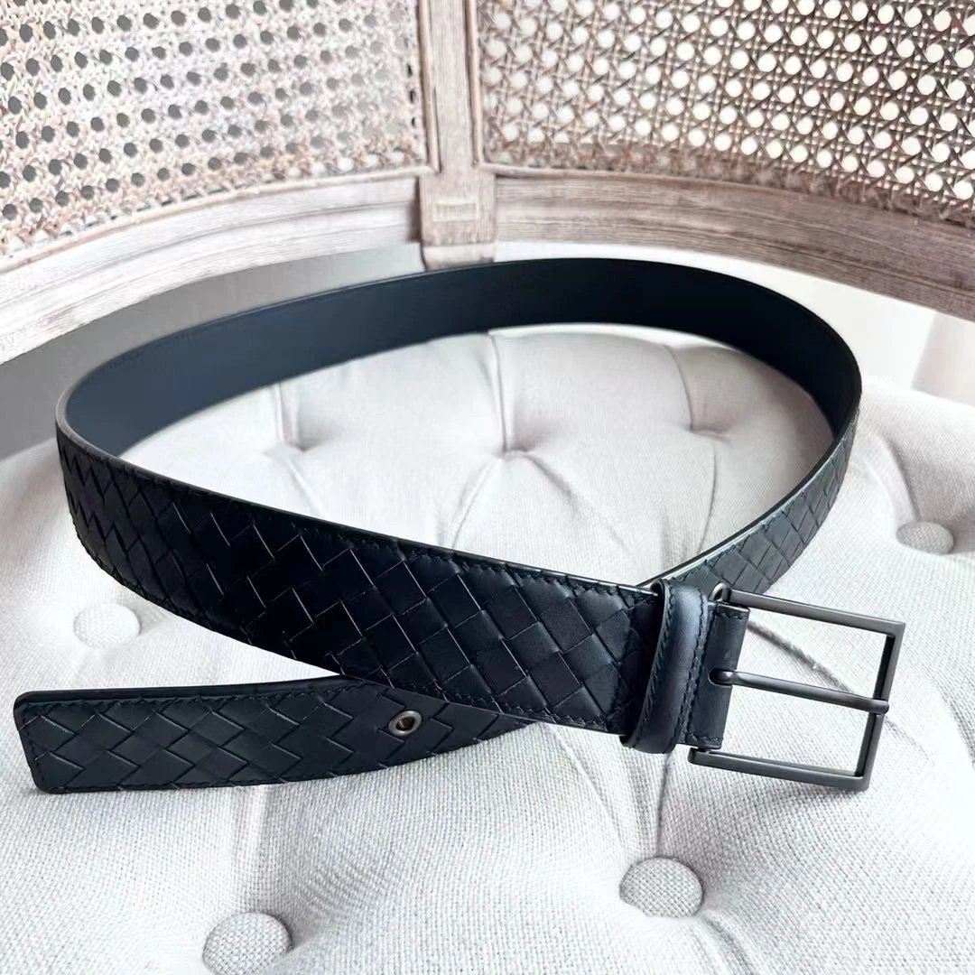 Bottega Veneta Intrecciato Woven Leather Belt Black Gunmetal Buckle
