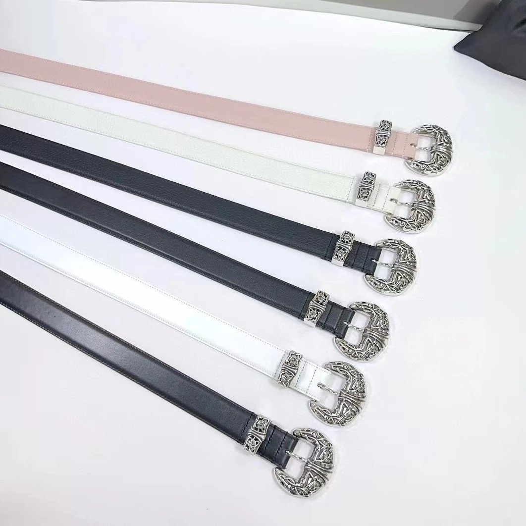 Chrome Hearts Western Leather Belt with Engraved Silver Buckle - Black/White/Pink