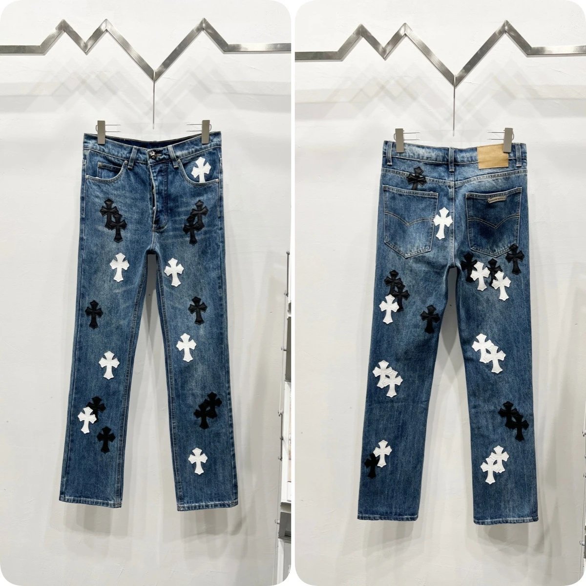 Unbranded Jeans Cross appliqué patchwork loose-fit — blue pants black and white leather C 008