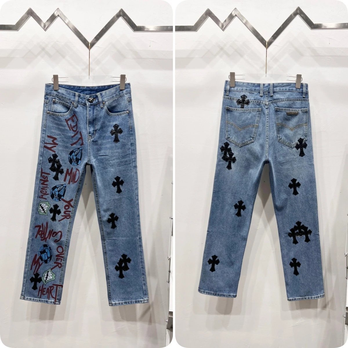 Unbranded Jeans Cross appliqué patchwork loose-fit — Blue R 027