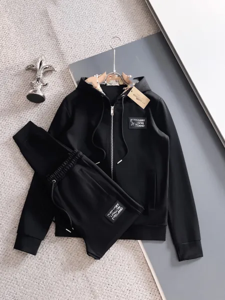 Burberry Logo Patch Hoodie and Sweatpants Set Black Tracksuit - 1