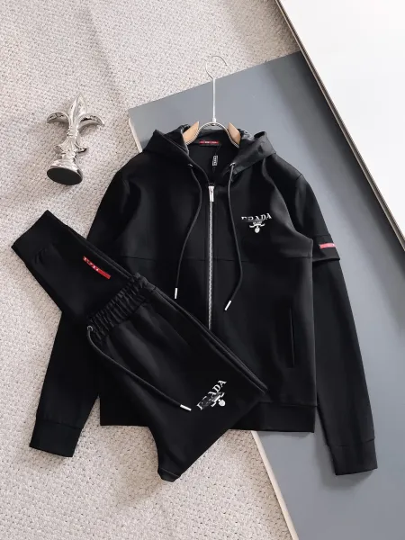 Prada Logo-Embroidered Black Zip-Up Hoodie and Sweatpants Set Tracksuit - 1