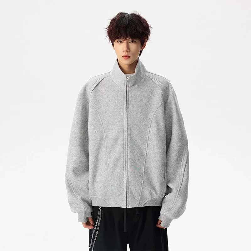 Men's Solid Color Stand Collar Cardigan Hoodie