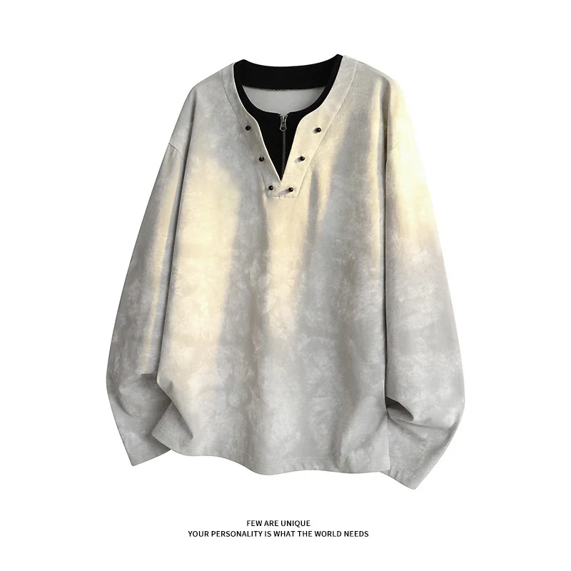 Men's Long-sleeve T-shirt, Ink-dyed, American Style, Loose, Breathable, Comfy, Versatile, Lazy Couple