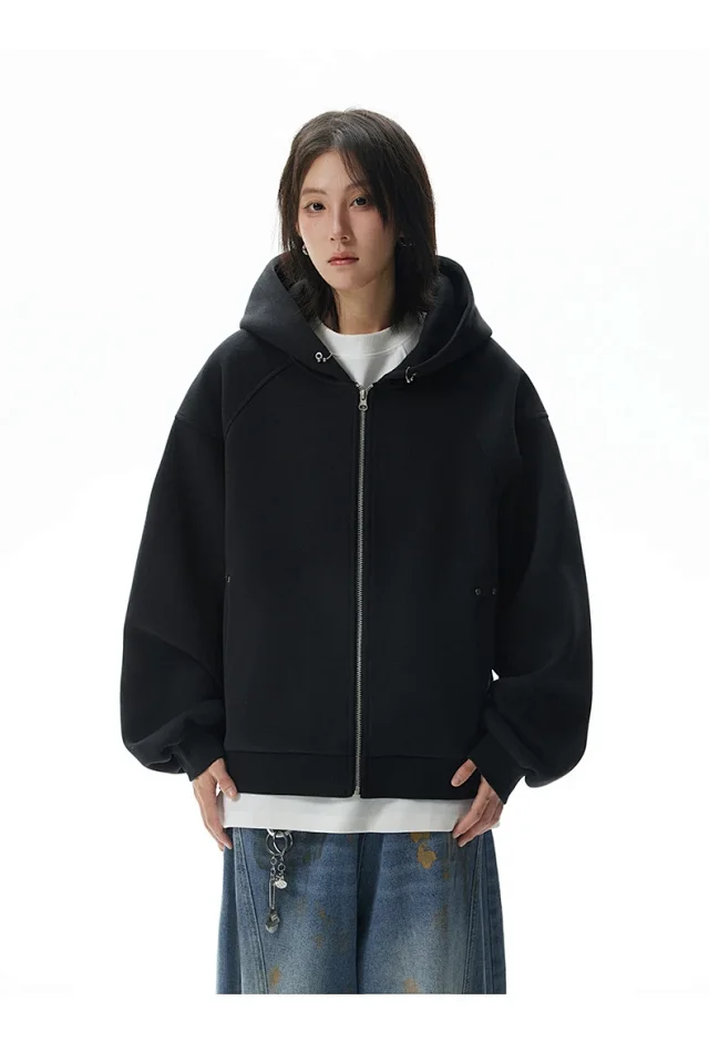 American Retro Deconstructed Air Layer Zip Cardigan Hoodie Detail