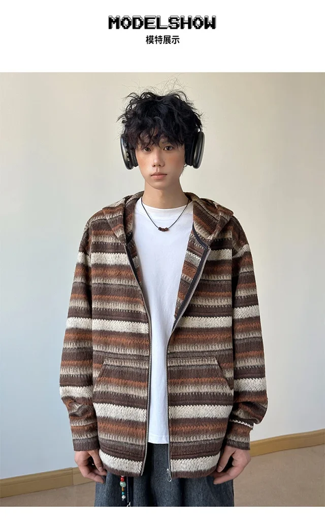 2025 Fall Ethnic American Retro Loose Long-sleeve Striped Zip Hoodie Couple Top Detail