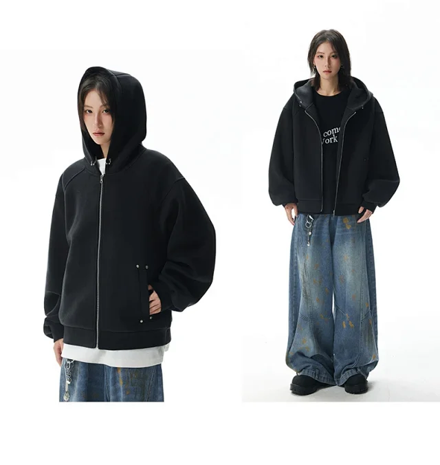 American Retro Deconstructed Air Layer Zip Cardigan Hoodie Detail