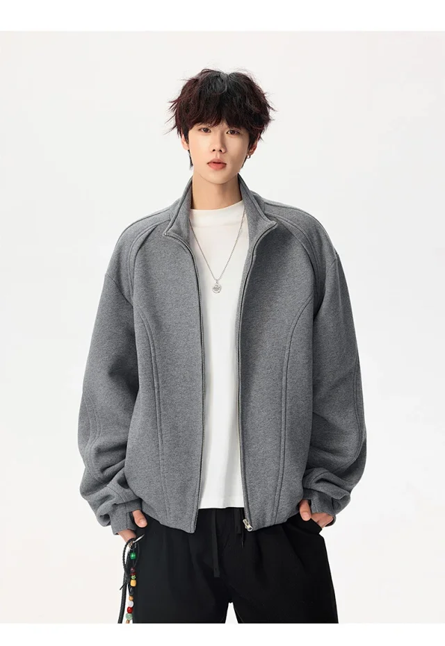 Men's Solid Color Stand Collar Cardigan Hoodie Detail