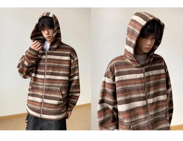 2025 Fall Ethnic American Retro Loose Long-sleeve Striped Zip Hoodie Couple Top Detail