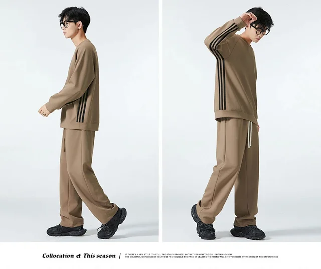 Mens Sports Set: Raglan Sleeve Crewneck Sweatshirt & Straight Leg Casual Pants Detail