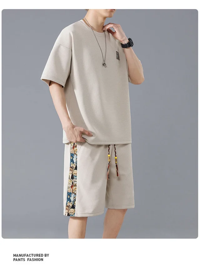 Stylish Korean Trendy Men's Set (Short Sleeve T - Shirt + Embroidered Shorts) Detail