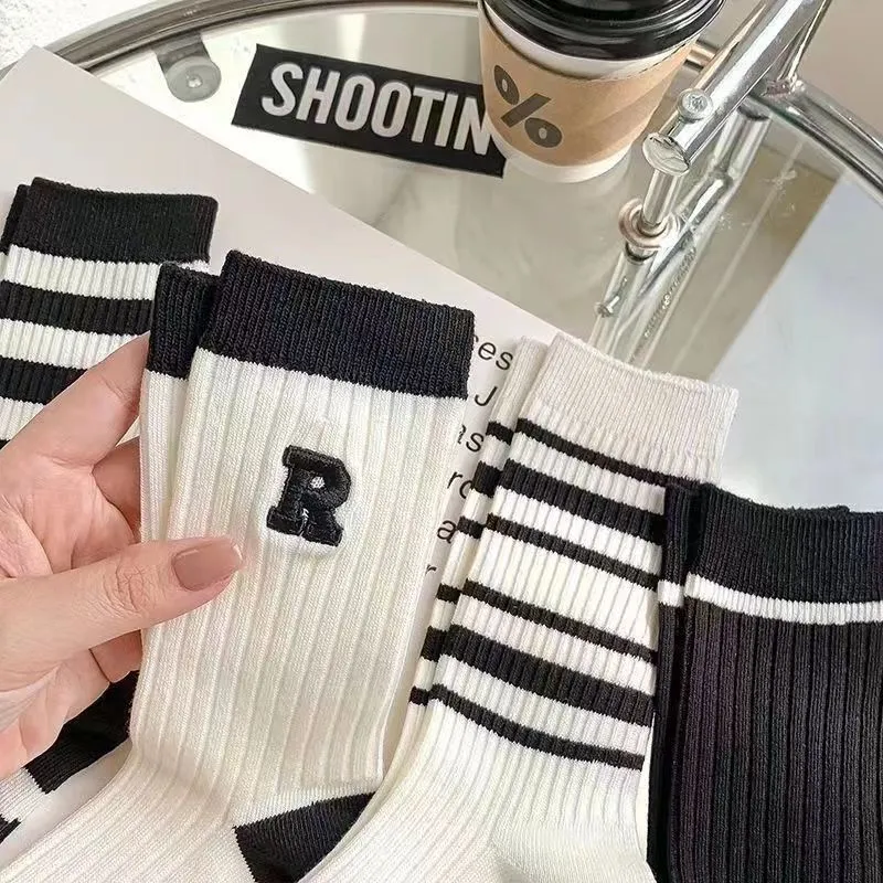 Women's Striped Letter Crew Socks(5 Pairs)