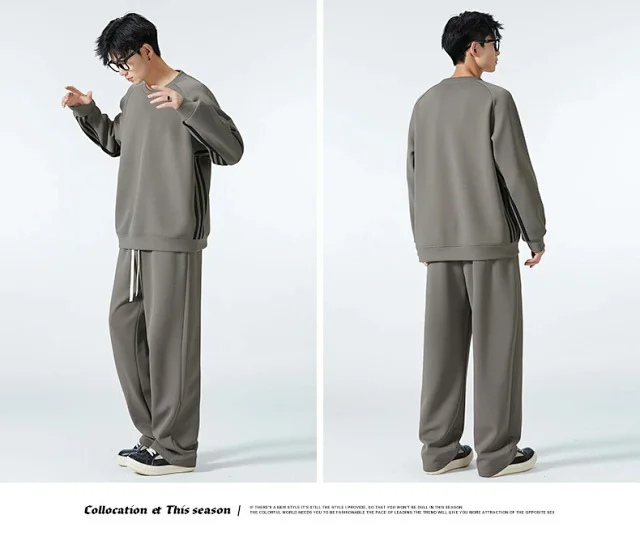 Mens Sports Set: Raglan Sleeve Crewneck Sweatshirt & Straight Leg Casual Pants Detail