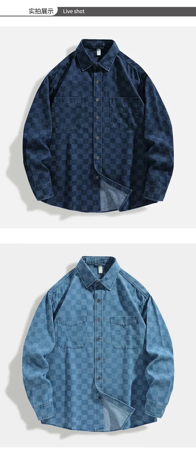 Japanese Retro Spring/Fall American Color-Woven Denim Shirt Detail