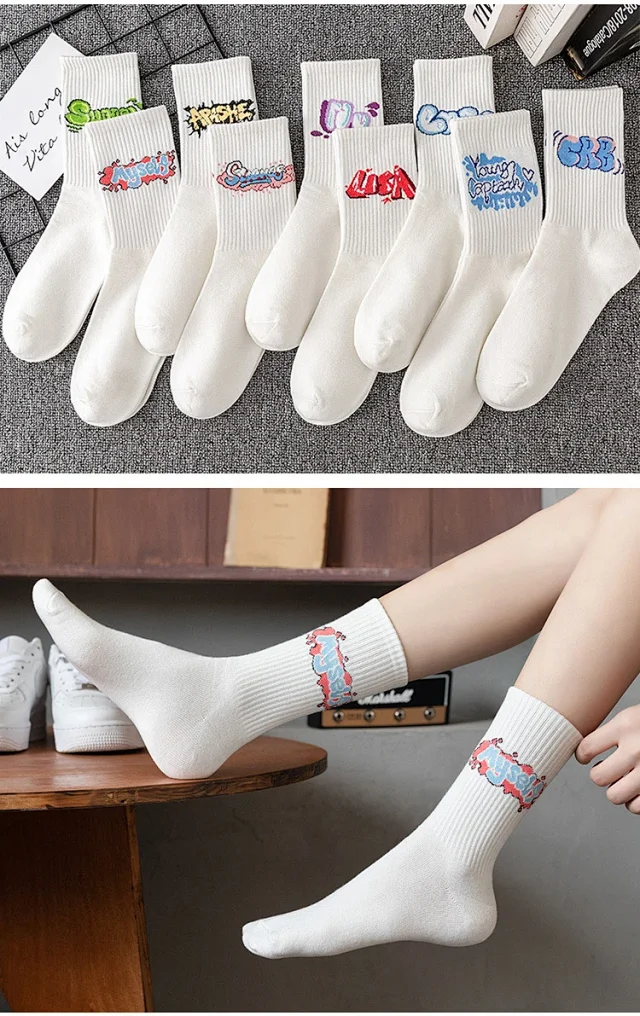 Unisex Lettered Cotton Mid-Calf Socks（10 pairs） Detail