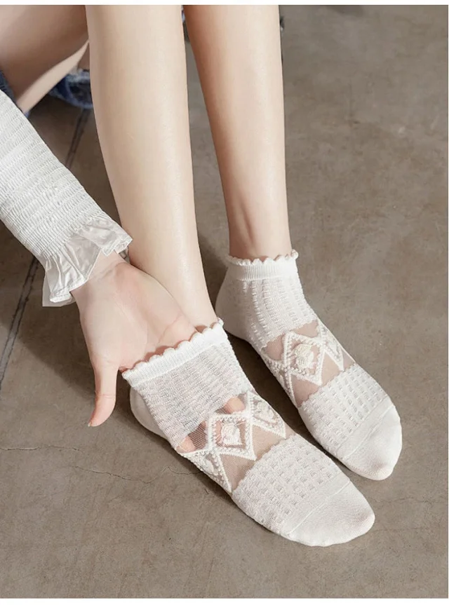 Lace-trimmed Breathable White Ankle Socks（10 pairs） Detail