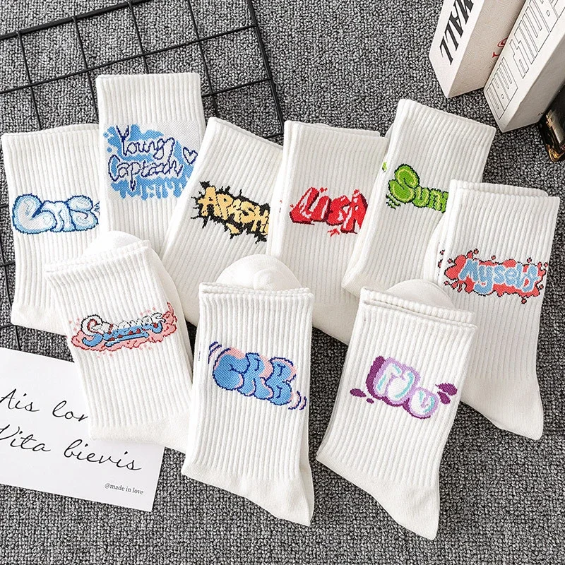Unisex Lettered Cotton Mid-Calf Socks（10 pairs）