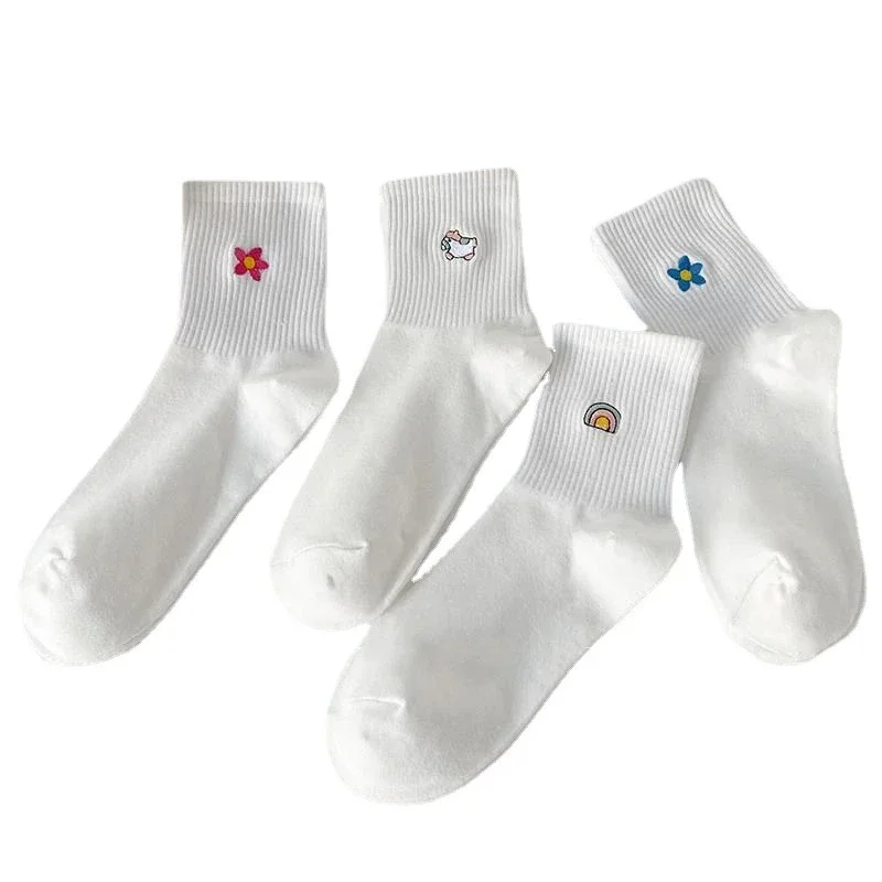 Women's White Embroidered Cotton Socks（10 pairs）
