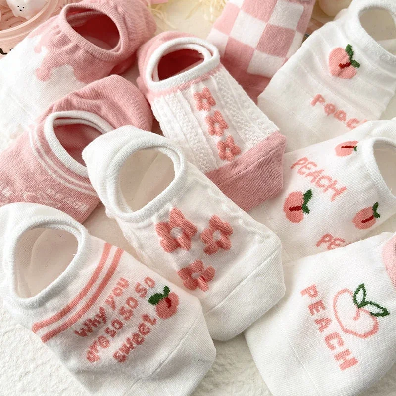 Korean-Style Pink Cartoon No-Show Socks（10 pairs）