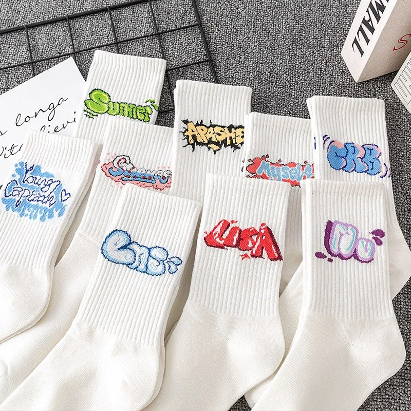 Unisex Lettered Cotton Mid-Calf Socks（10 pairs）