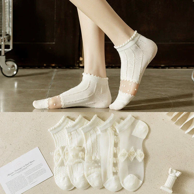 Lace-trimmed Breathable White Ankle Socks（10 pairs）