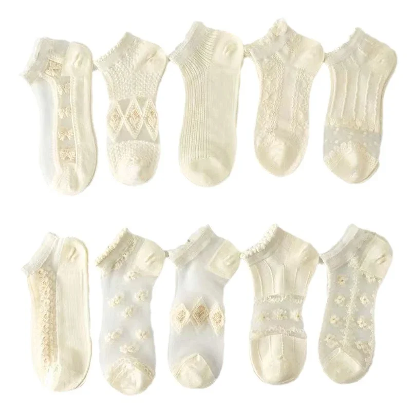 Lace-trimmed Breathable White Ankle Socks（10 pairs）