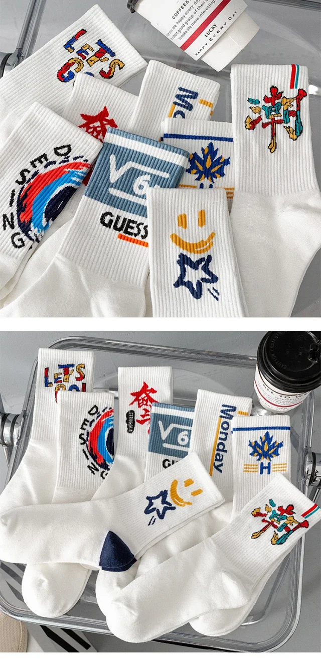 Trendy White Mid-Calf Couple Socks（10 pairs） Detail